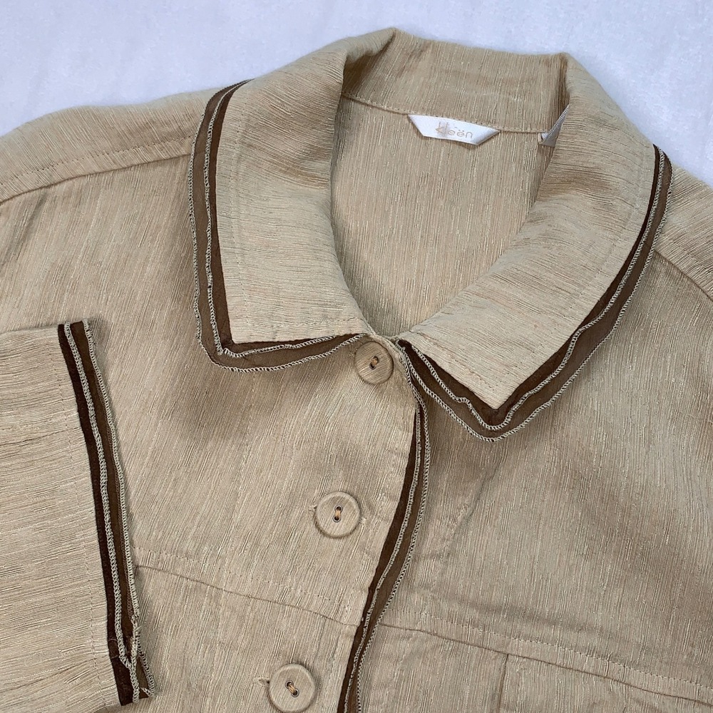 Light Beige Button-Down Shirt with Brown Trim - Women's Button Down